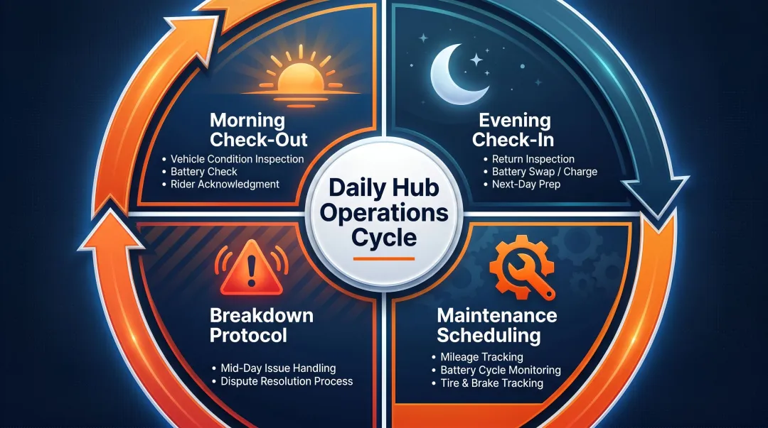 Daily EV rental hub operations workflow covering morning checkout evening check-in and maintenance
