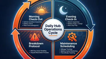 Daily EV rental hub operations workflow covering morning checkout evening check-in and maintenance