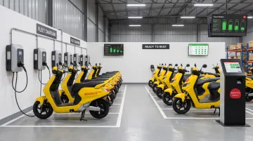 Modern electric scooter rental fleet hub with GPS tracking and charging infrastructure