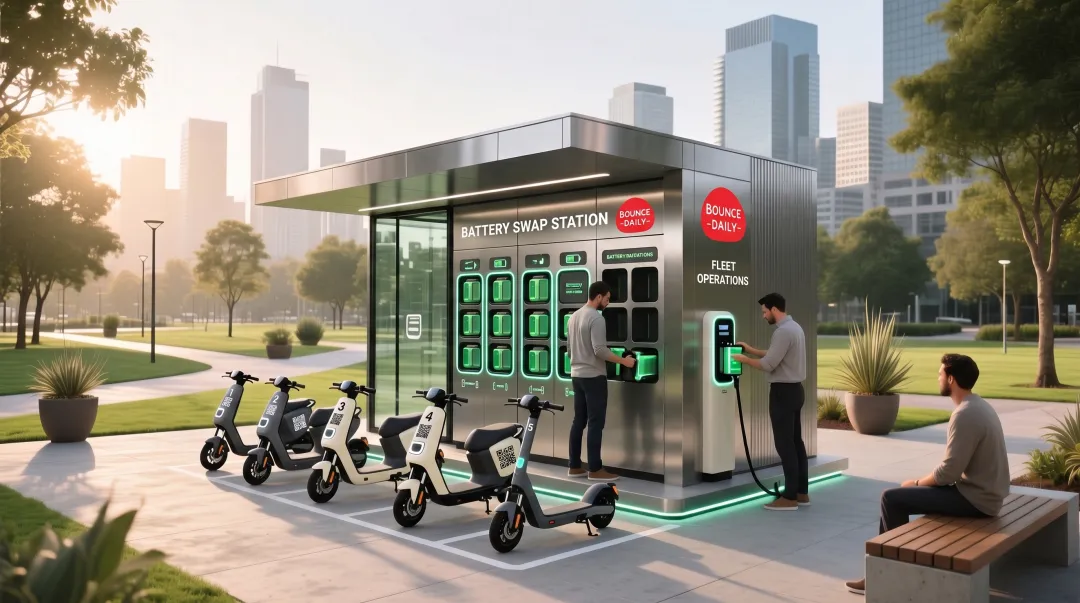 Electric scooter fleet with battery swapping station and GPS tracking system in urban location