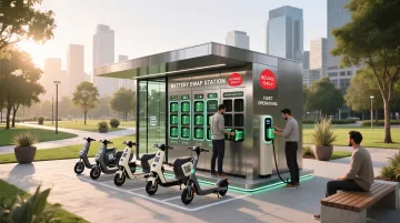 Electric scooter fleet with battery swapping station and GPS tracking system in urban location