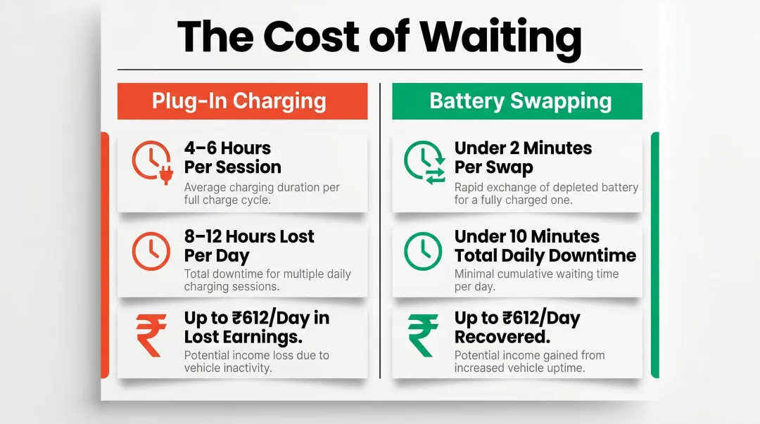 Battery swapping versus plug-in charging time and daily earnings comparison infographic