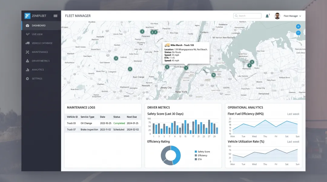 Modern fleet management dashboard displaying vehicle tracking maintenance and rider data analytics