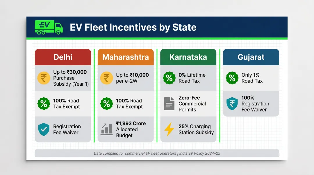 State EV incentives comparison for Delhi Maharashtra Karnataka and Gujarat fleet operators