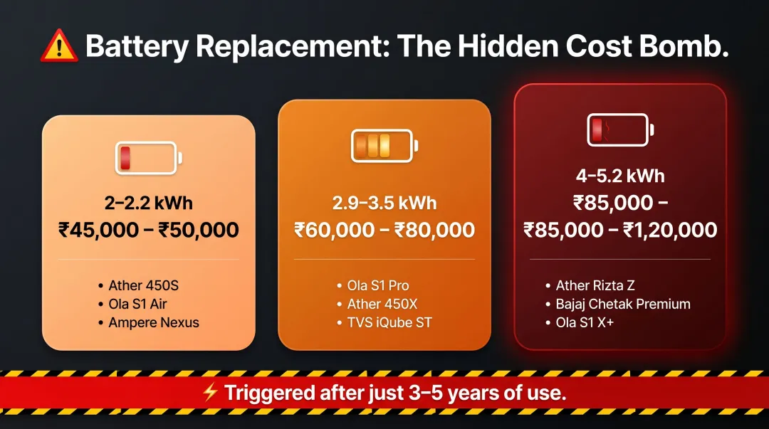 Indian EV scooter battery replacement cost breakdown by capacity tier infographic