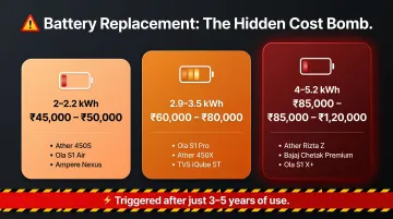 Indian EV scooter battery replacement cost breakdown by capacity tier infographic
