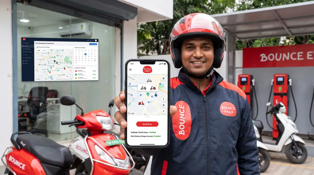 Delivery partner booking Bounce Daily rental scooter through mobile app interface