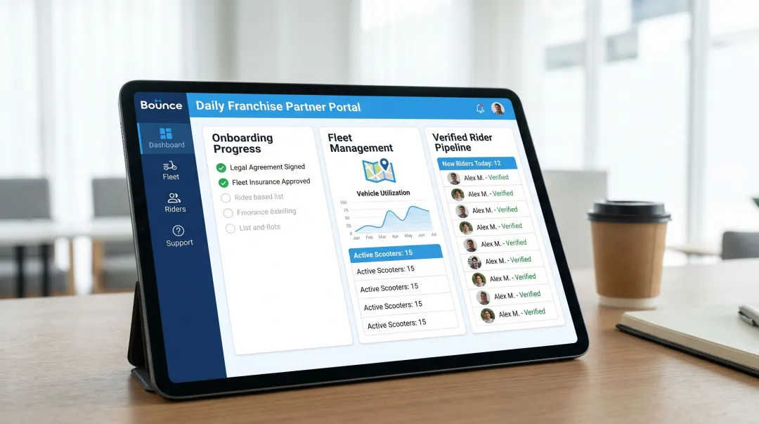 Bounce Daily EV franchise partner onboarding dashboard with verified rider pipeline
