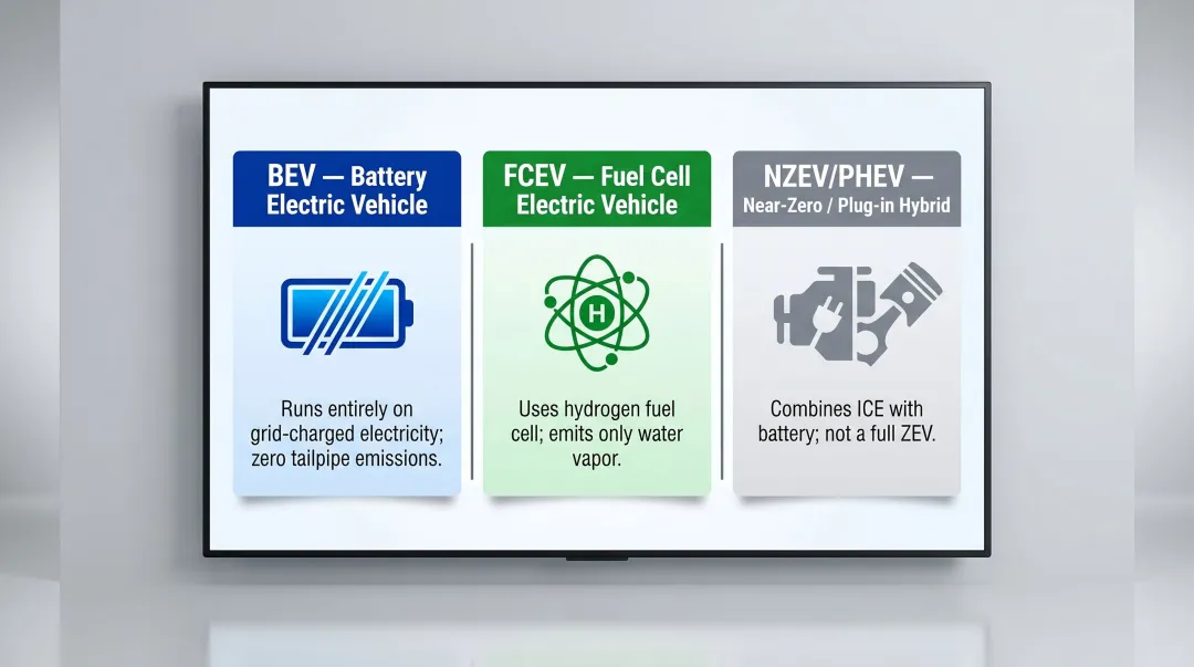 Three ZEV categories BEV FCEV and PHEV comparison infographic