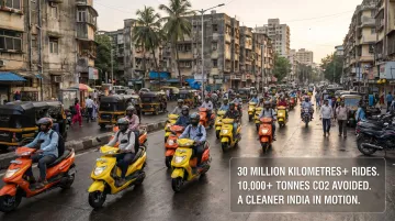 Bounce Daily fleet electric scooters on road showing 30 million kilometres milestone achievement