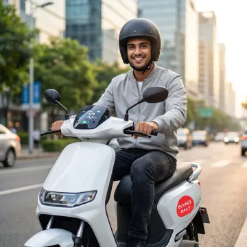 Rider using electric scooter for city travel
