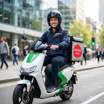 Delivery rider using an electric scooter in the city