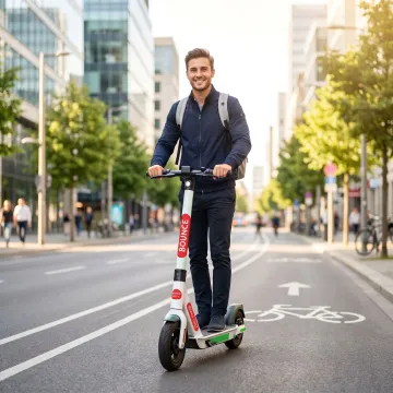 Rider using electric scooter rental service