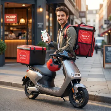 Delivery rider using an electric scooter