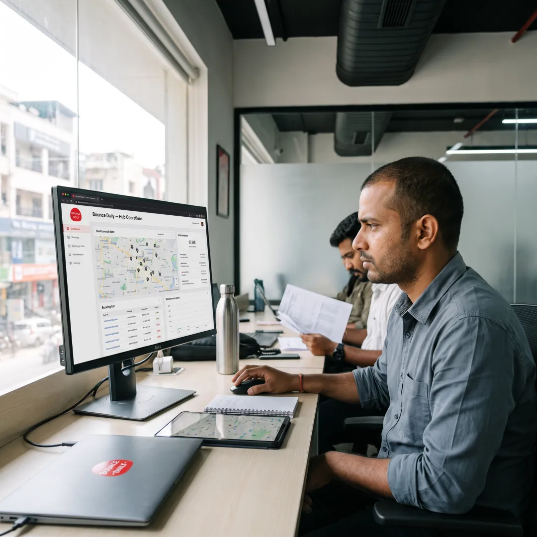 Fleet manager reviewing rental vehicle data