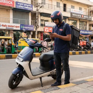 Delivery rider using an electric scooter