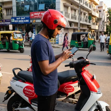 Delivery partner using a smartphone beside an electric scooter