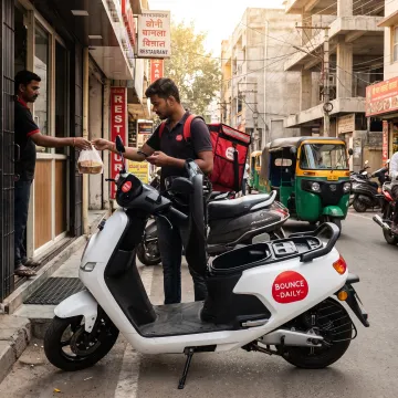 Rider collecting a delivery order with an electric scooter
