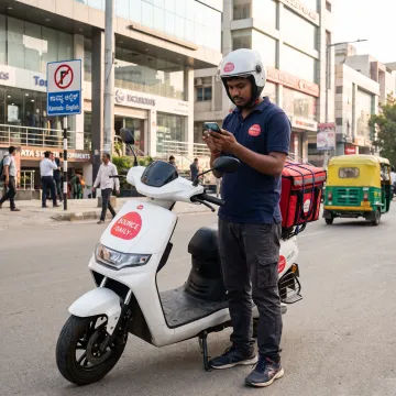 Delivery rider using a smartphone beside an electric scooter