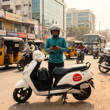 Delivery rider using a smartphone beside an electric scooter