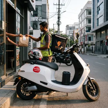 Delivery rider using an electric scooter