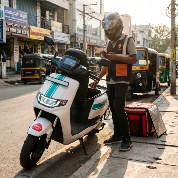 Delivery rider using an EV scooter in India