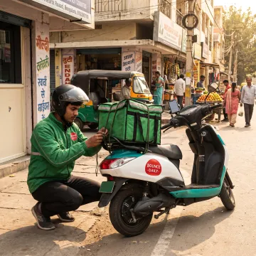 Delivery rider using an electric scooter for Blinkit orders
