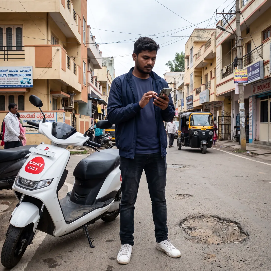 Delivery rider using a smartphone in Bangalore