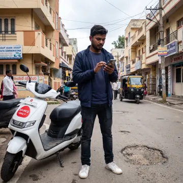 Delivery rider using a smartphone in Bangalore