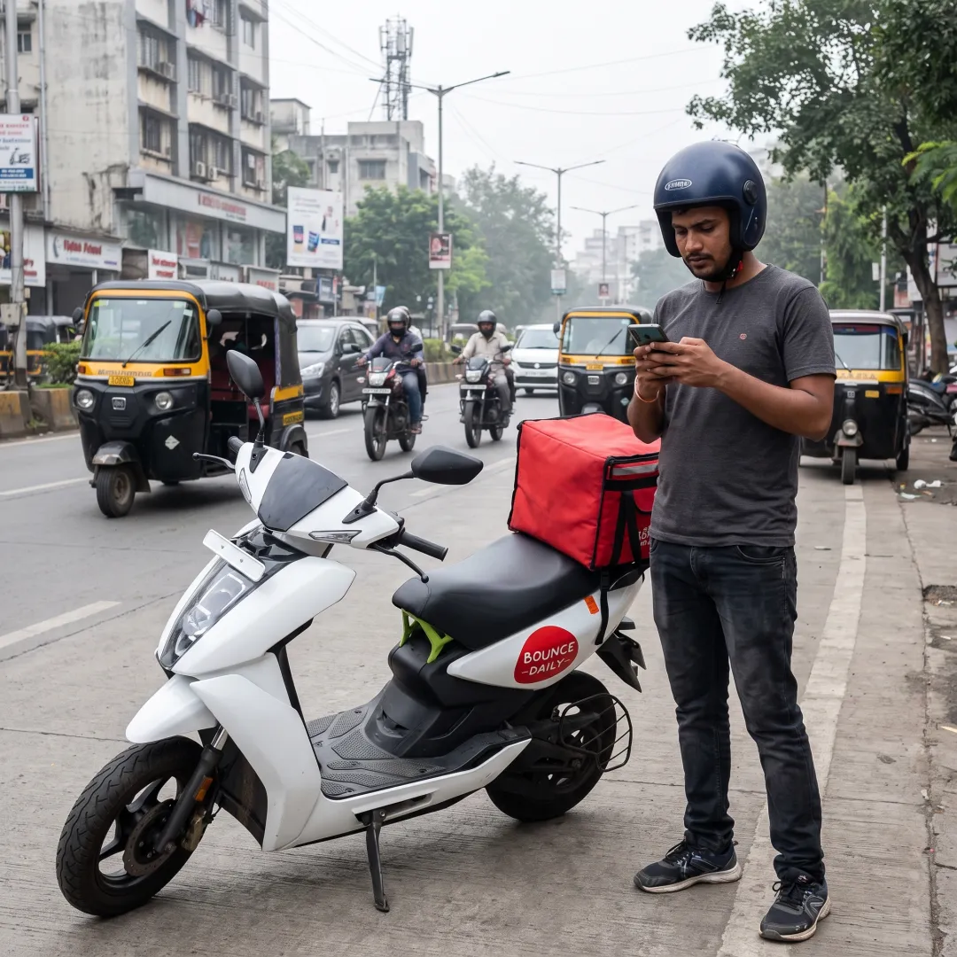 Delivery rider using an electric scooter in Mumbai
