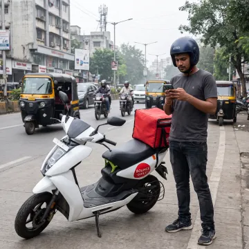 Delivery rider using an electric scooter in Mumbai