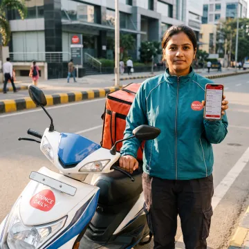 Delivery partner using a smartphone near an EV scooter