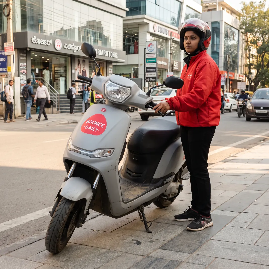Woman delivery partner beside an electric scooter