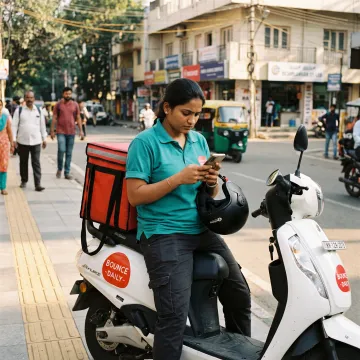 Delivery partner using a smartphone near an EV scooter