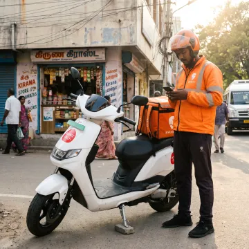 Delivery rider using an electric scooter in Chennai