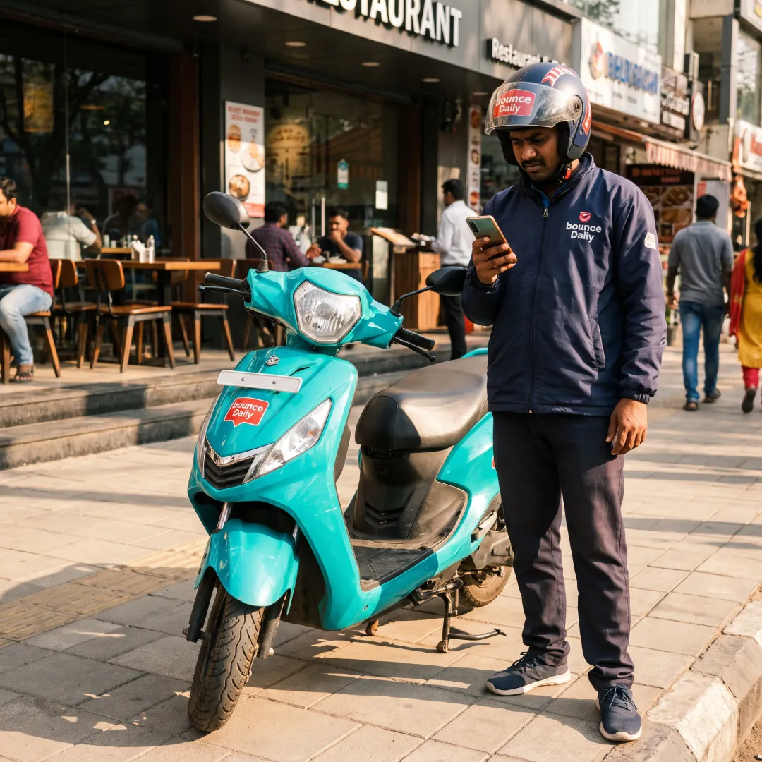 Delivery rider using an electric scooter