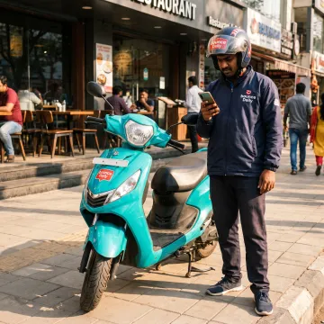 Delivery rider using an electric scooter