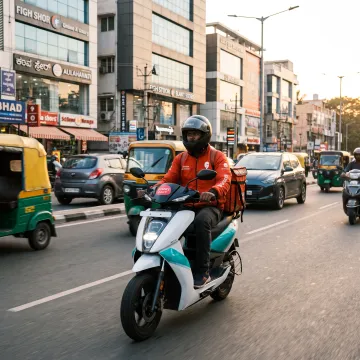 Delivery partner riding an electric scooter in Bangalore