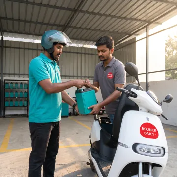 Rider collecting an EV scooter at a hub