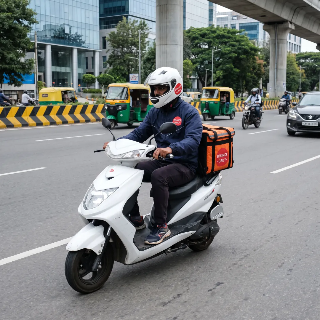 Delivery rider using an electric scooter in the city
