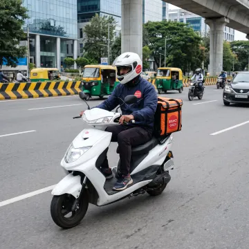Delivery rider using an electric scooter in the city