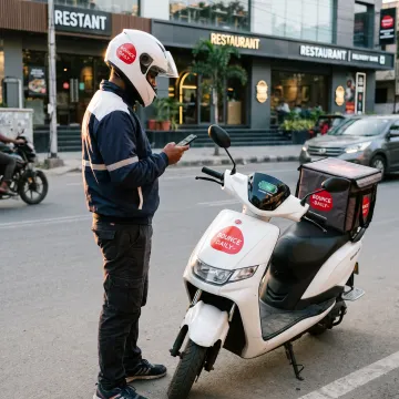 Delivery rider using an electric scooter