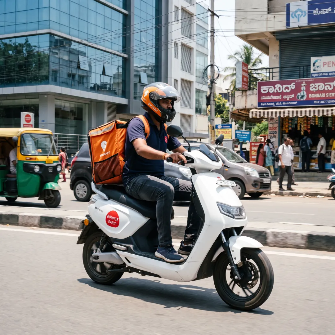 Delivery rider using an electric scooter in Bangalore