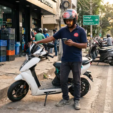 Delivery rider using an electric scooter in the city
