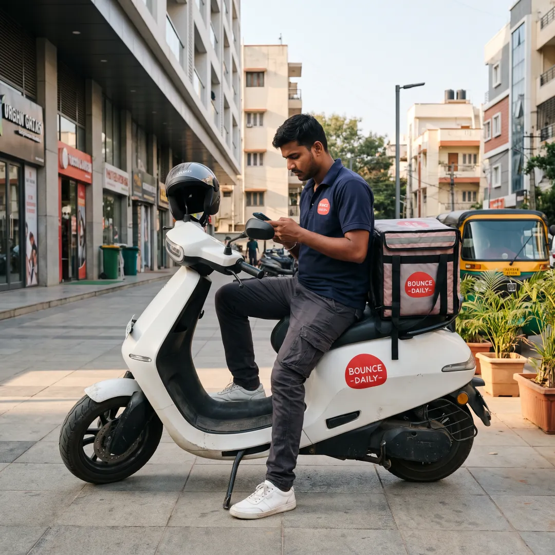 Rider checking delivery work on phone