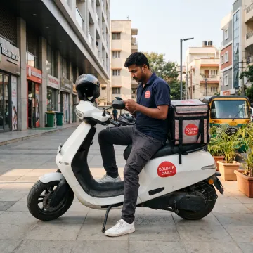Rider checking delivery work on phone