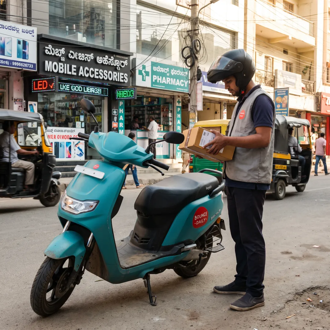 Delivery rider using an electric scooter in Bangalore