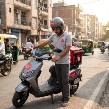 Delivery rider using a smartphone in Delhi