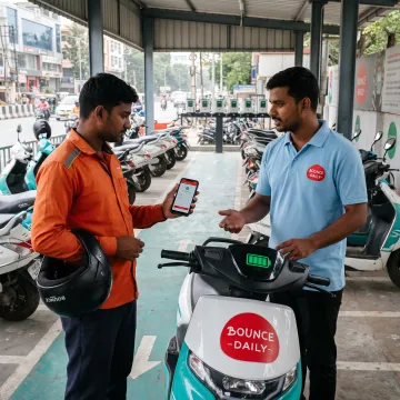 Rider collecting an EV scooter at a hub