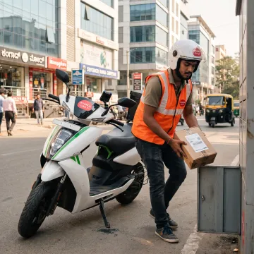 Delivery rider using an electric scooter